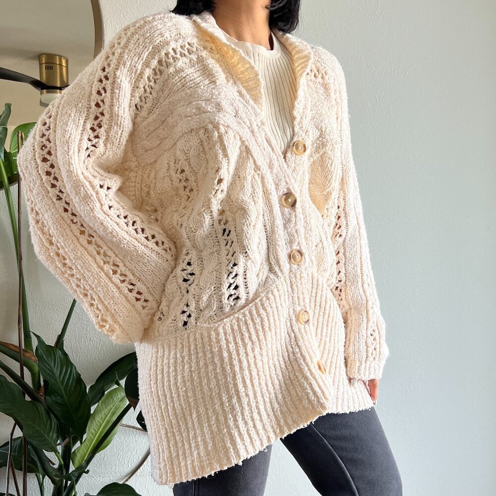 Free People Oversized Cable Knit Cardi in Ivory small Preppy Academia Cardigan - Picture 10 of 12